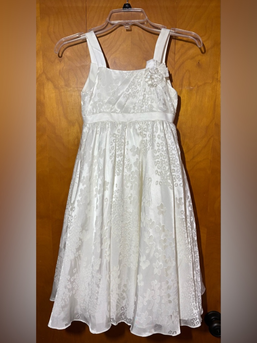 Girls' Soft White Floral Satin Flower-Accent Dress from David’s Bridal, size 7